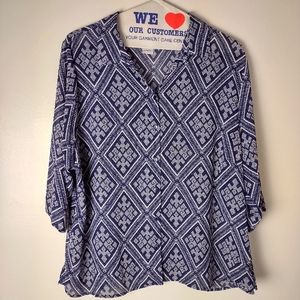 Bon Worth Blue and White Aztec Print Blouse Size Large Petite